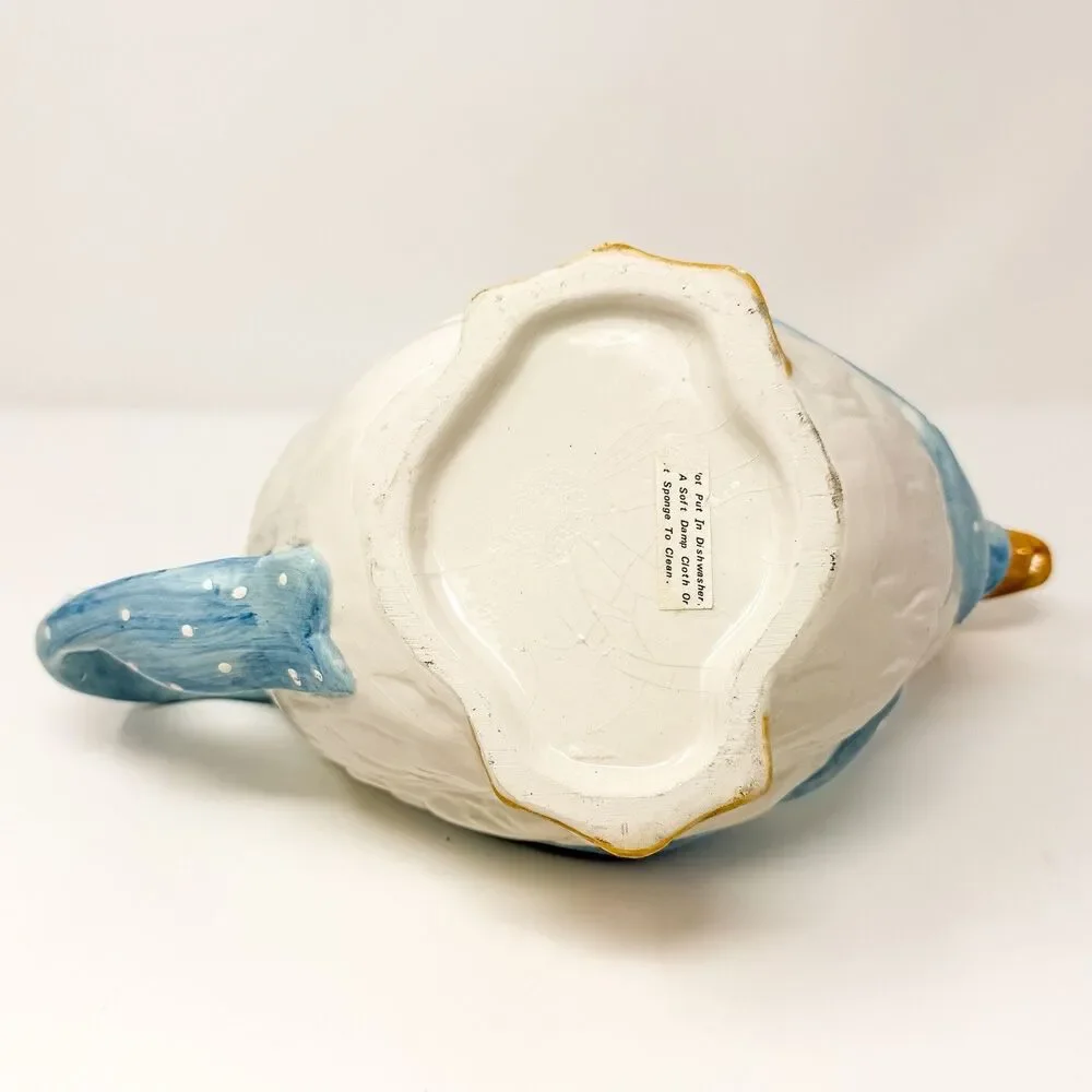 Vintage Ceramic Goose Teapot Blue Polka Dot Bow Cottagecore Country Kitchen